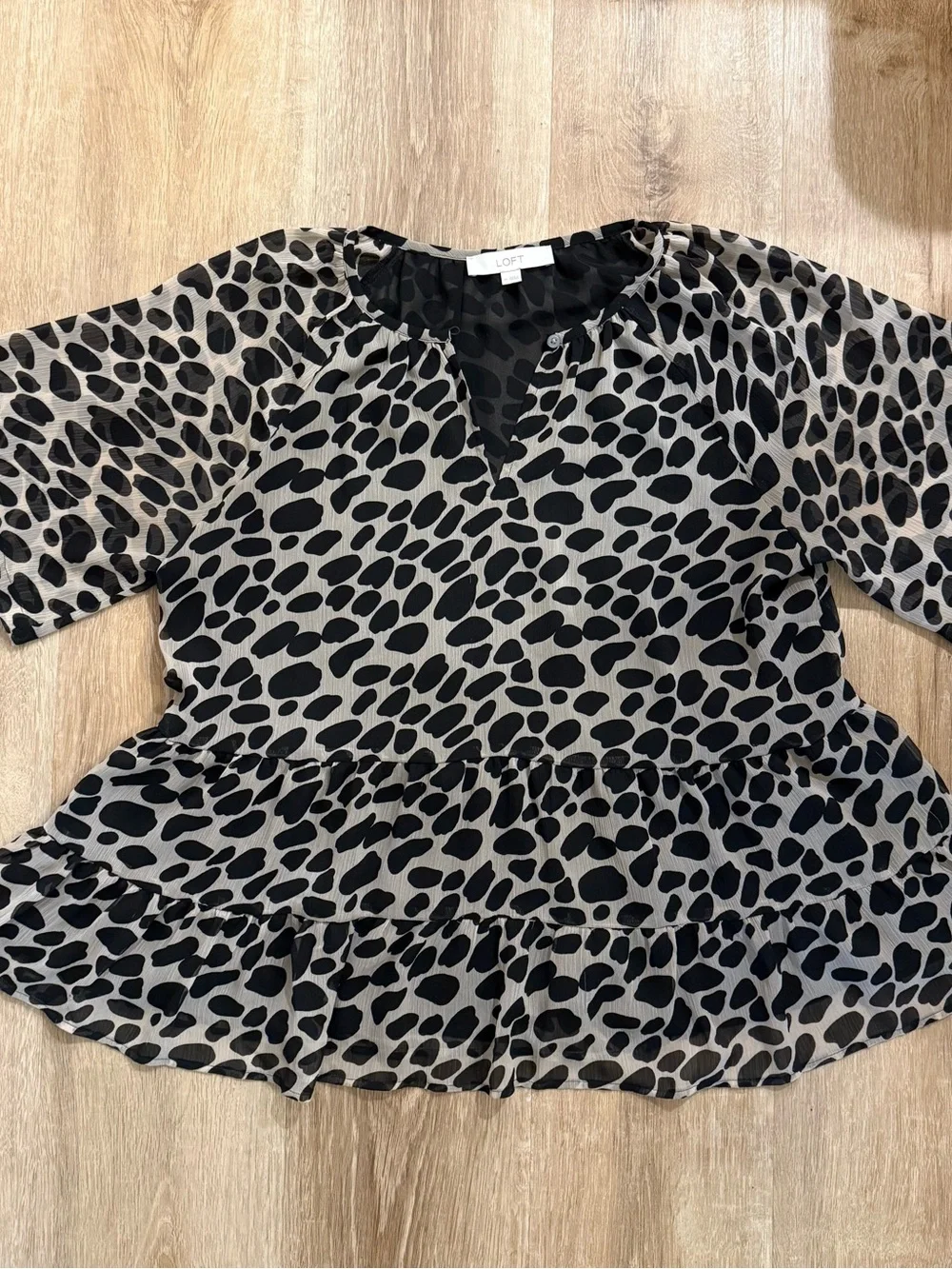 LOFT Black & Taupe Animal Print Ruffle Peplum Blouse - Picture 1 of 5
